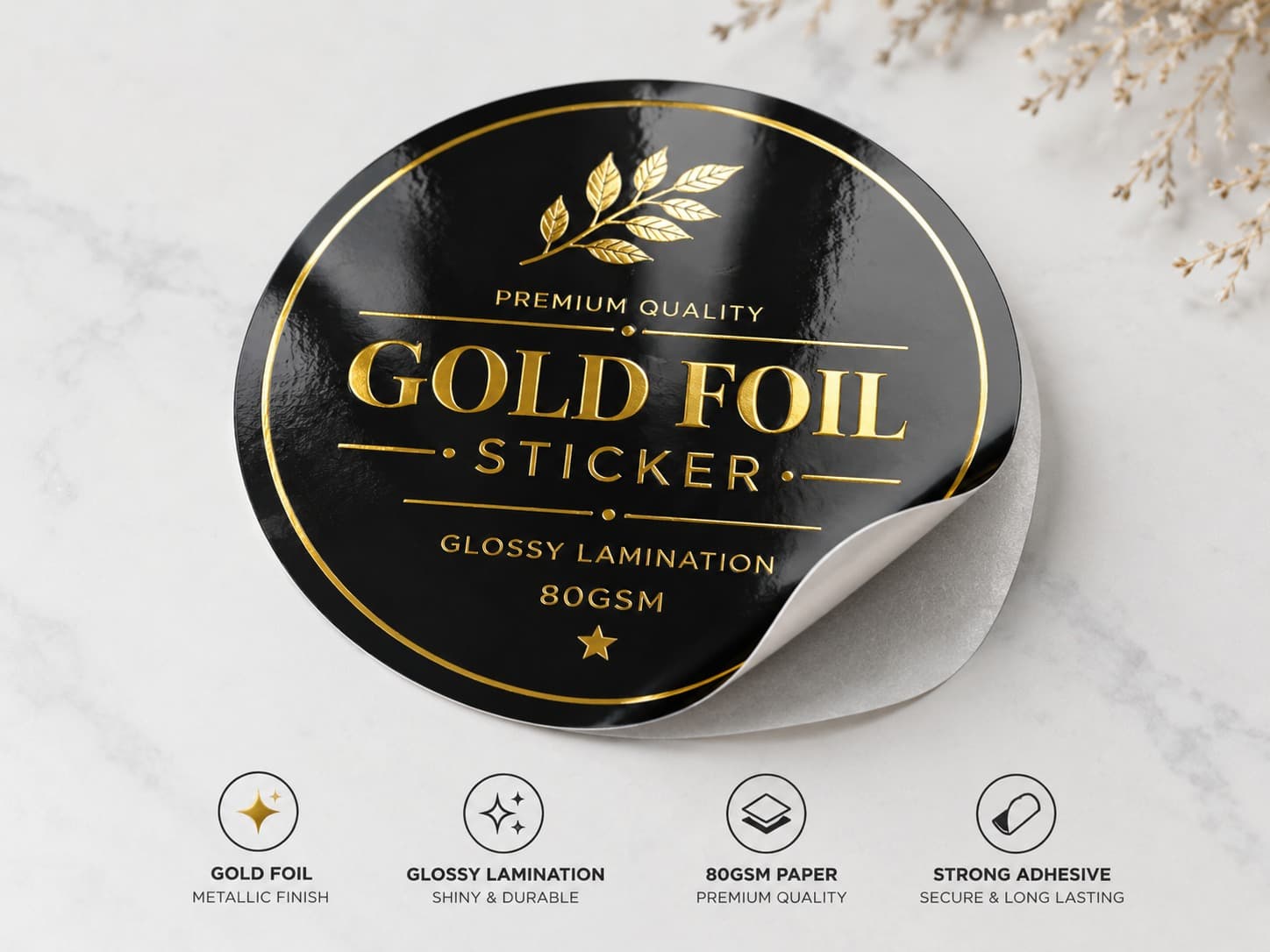 Gold Foil Sticker Glossy Lamination 80gsm