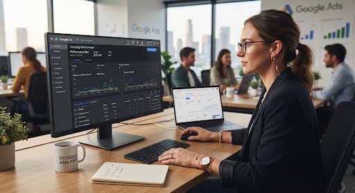Marketer reviewing a Google Ads campaign on a desktop monitor