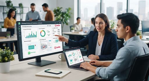 Two colleagues reviewing a WhatsApp marketing dashboard at a desk