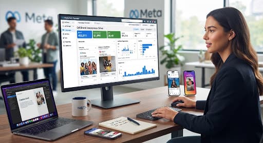 Marketer working on a Meta Ads campaign at a desk