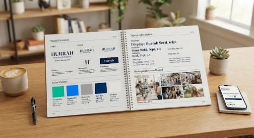 Open brand guidelines book with colour palette and typography pages