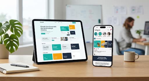 Tablet and phone showing social and web branding on a desk