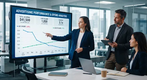 A presenter walking two colleagues through an advertising performance and spend dashboard on a large screen