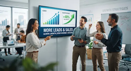A marketing team gathered around a screen showing a growth chart