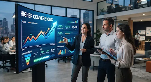Two colleagues beside a large screen showing a rising conversions chart