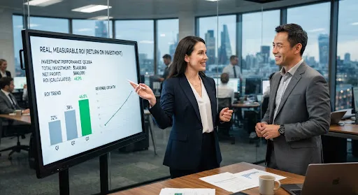 Two colleagues in an office reviewing a revenue and return on investment chart on a screen