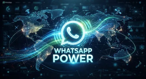 The WhatsApp logo glowing over a world map with the words WhatsApp Power