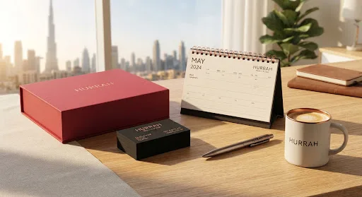 A red gift box, black business cards, a desk calendar and a Hurrah mug on a wooden desk, with the Dubai skyline behind